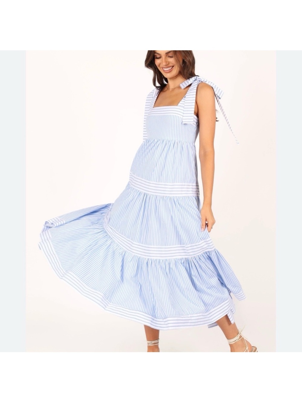 Blue Striped Tie-Shoulder Midi Dress